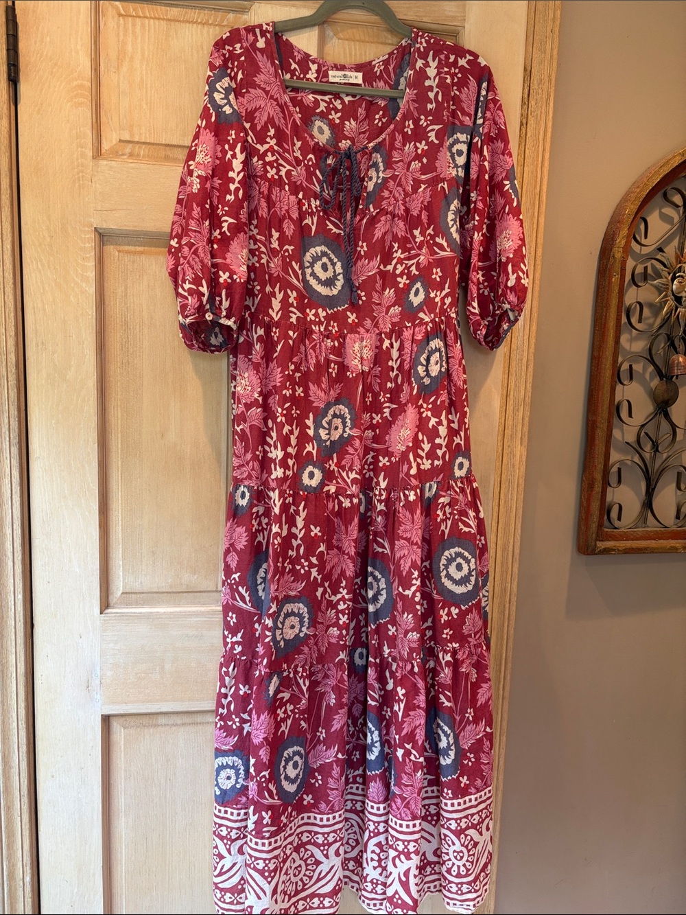 NATURAL LIFE Burgundy Floral Tie-Neck Tiered 100% Cotton Boho Dress M